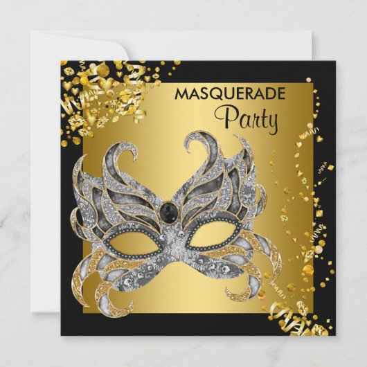 Elegant Zilver en Goud Masquerade Party Kaart (Voorkant)