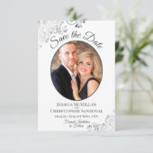 Elegant zilver en grijs op witte ovale foto bruilo save the date (Staand voorkant)