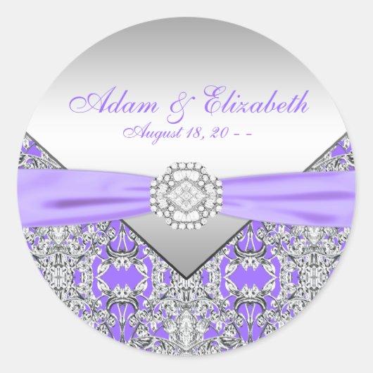 Elegant zilver en lavendel Paarse bruiloft Ronde Sticker (Voorkant)