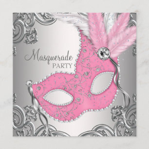 Elegant zilver en roze maskeradefeest kaart