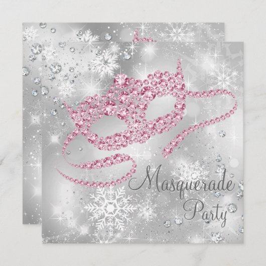 Elegant Zilver en Roze Masquerade Party Kaart (Voorkant / Achterkant)