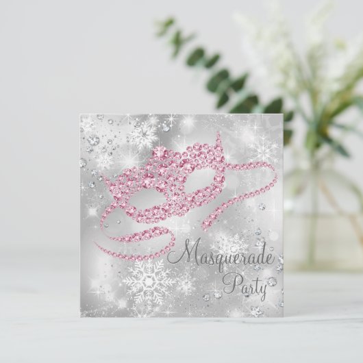 Elegant Zilver en Roze Masquerade Party Kaart (Staand voorkant)