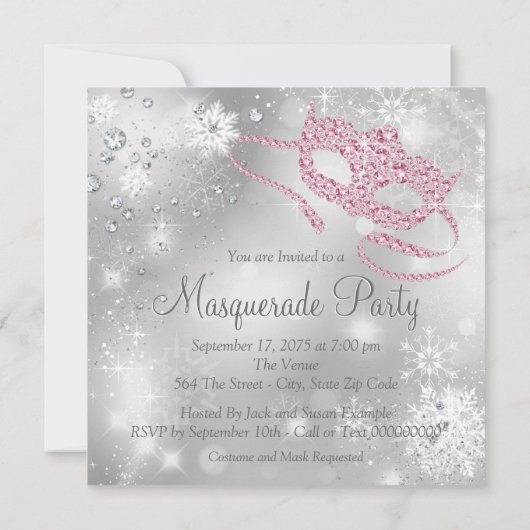 Elegant Zilver en Roze Masquerade Party Kaart (Achterkant)