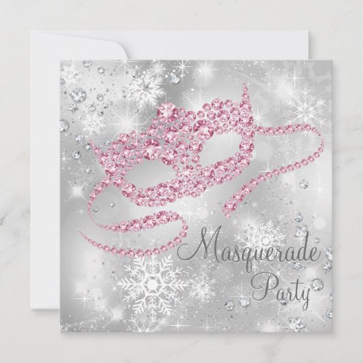 Elegant Zilver en Roze Masquerade Party Kaart (Voorkant)