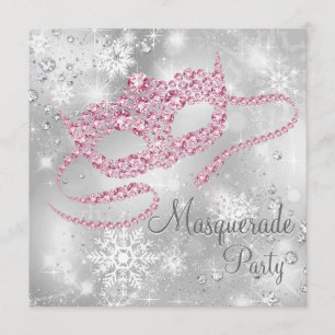 Elegant Zilver en Roze Masquerade Party Kaart