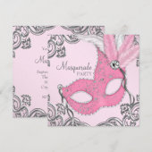 Elegant Zilver en Roze Masquerade Party Kaart (Voorkant / Achterkant)