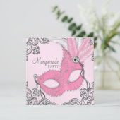 Elegant Zilver en Roze Masquerade Party Kaart (Staand voorkant)
