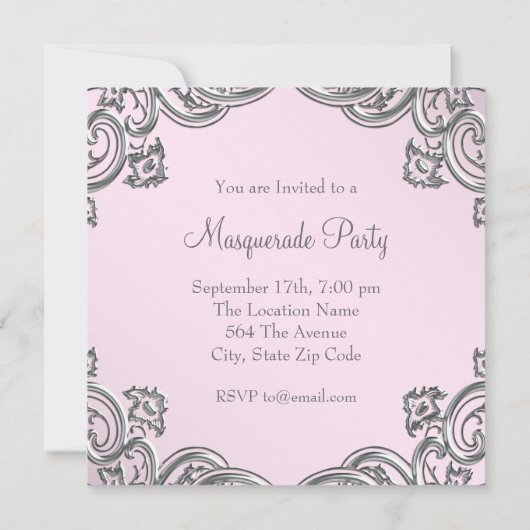 Elegant Zilver en Roze Masquerade Party Kaart (Achterkant)