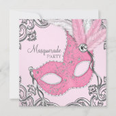 Elegant Zilver en Roze Masquerade Party Kaart (Voorkant)