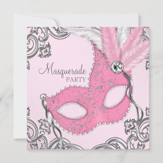 Elegant Zilver en Roze Masquerade Party Kaart (Voorkant)