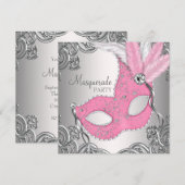 Elegant Zilver en Roze Masquerade Party Kaart (Voorkant / Achterkant)