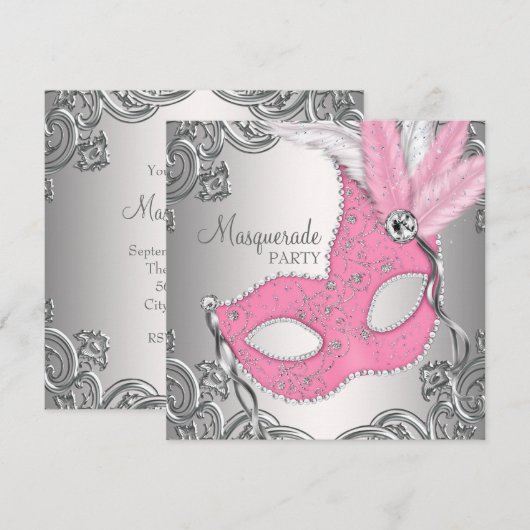 Elegant Zilver en Roze Masquerade Party Kaart (Voorkant / Achterkant)