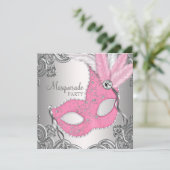 Elegant Zilver en Roze Masquerade Party Kaart (Staand voorkant)