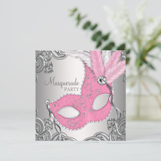 Elegant Zilver en Roze Masquerade Party Kaart (Staand voorkant)