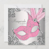 Elegant Zilver en Roze Masquerade Party Kaart (Voorkant)