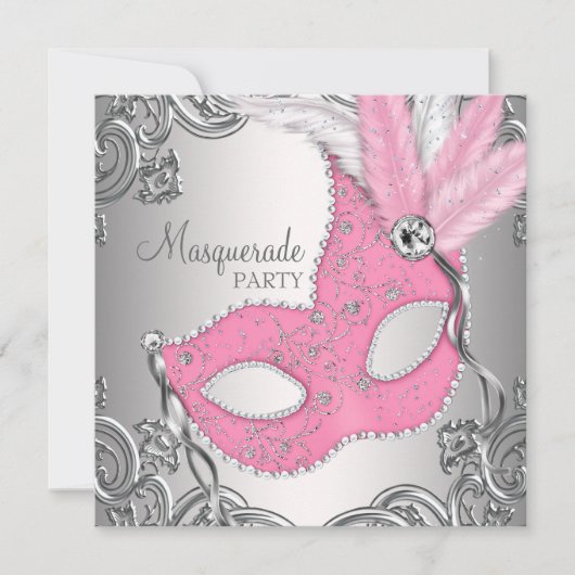 Elegant Zilver en Roze Masquerade Party Kaart (Voorkant)