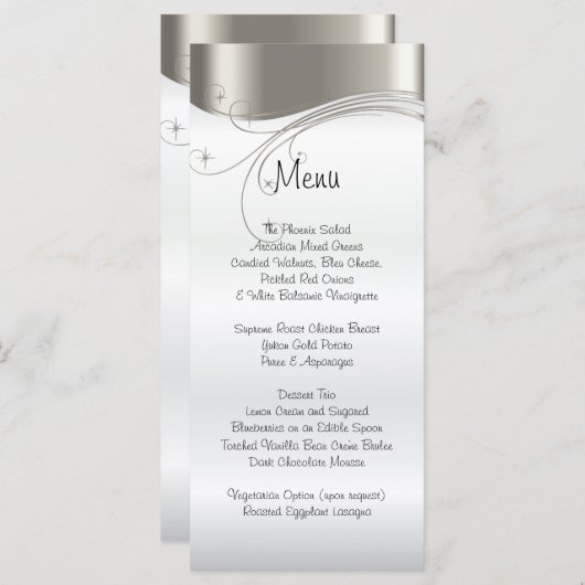 Elegant Zilver en Wit Satijn Wedding Menu (Voorkant / Achterkant)