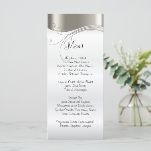 Elegant Zilver en Wit Satijn Wedding Menu (Staand voorkant)