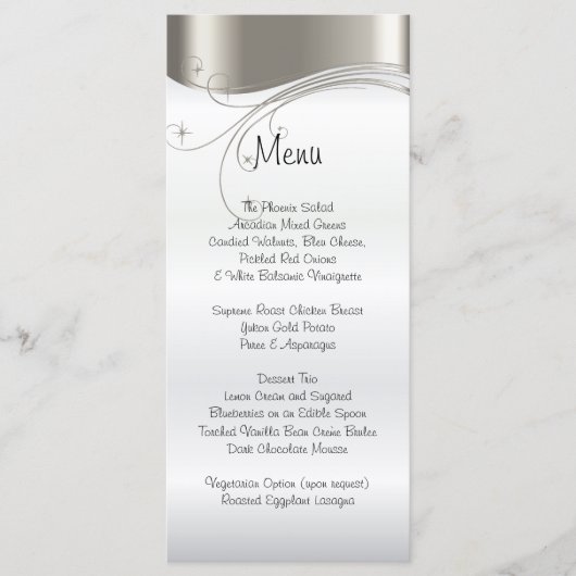 Elegant Zilver en Wit Satijn Wedding Menu (Voorkant)
