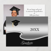 Elegant Zilver en Zwart met Foto Afstuderen Aankondiging (Voorkant / Achterkant)
