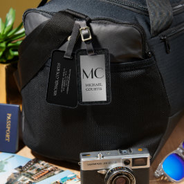 Elegant zilver en zwart Metallic Monogrammed Naam Bagagelabel