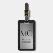 Elegant zilver en zwart Metallic Monogrammed Naam Bagagelabel (Voorkant verticaal)