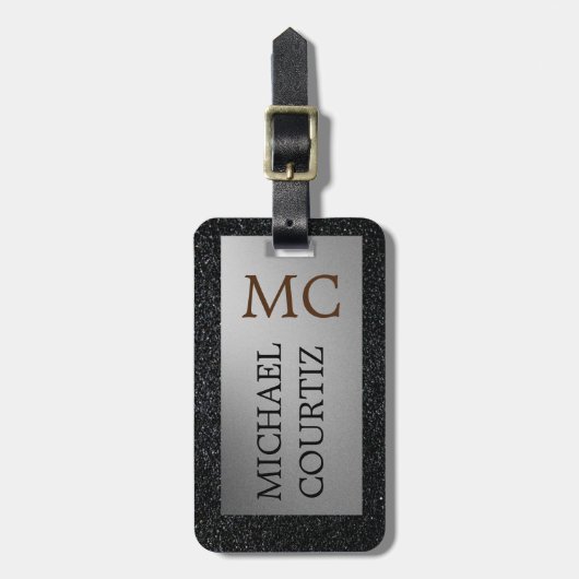 Elegant zilver en zwart monogrammen Bagagelabel (Voorkant verticaal)