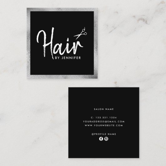 Elegant zilver en zwarte schaar vierkante visitekaartje (Voorkant / Achterkant)