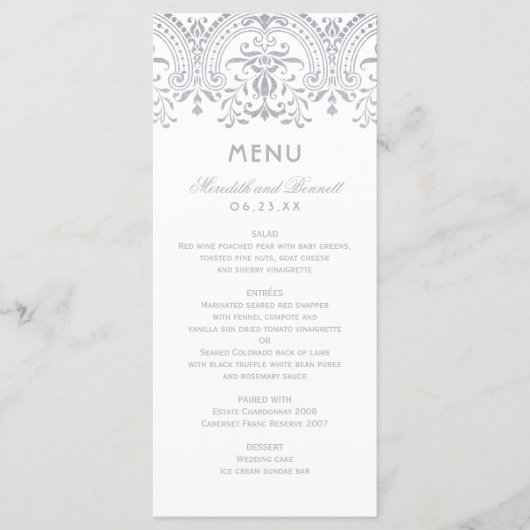 Elegant Zilver Glamour Bruiloft Menu (Voorkant)
