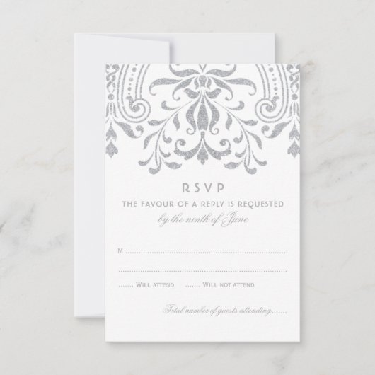 Elegant Zilver  Glamour Bruiloft RSVP Kaartje (Voorkant)