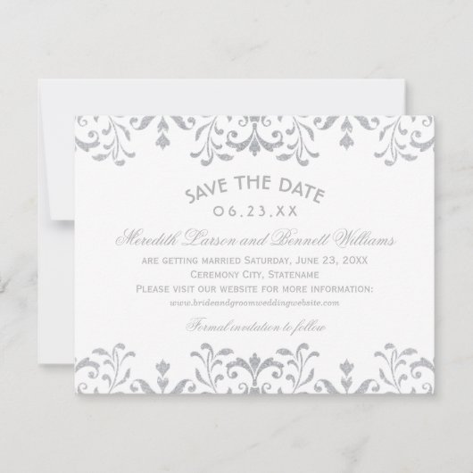 Elegant Zilver  Glamour Bruiloft Save The Date (Voorkant)