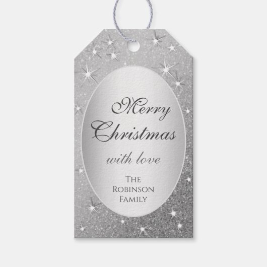 Elegant Zilver Glitter Effect Moderne Kerstmis Cadeaulabel (Voorkant)