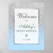Elegant Zilver glitter ombre Blauw Zoet 16 Welkom Poster (Voorkant)
