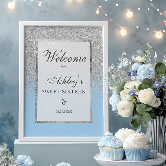 Elegant Zilver glitter ombre Blauw Zoet 16 Welkom Poster