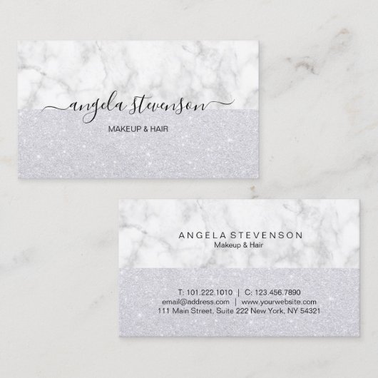 Elegant zilver glitter witte marmer make-up & haar visitekaartje (Voorkant / Achterkant)