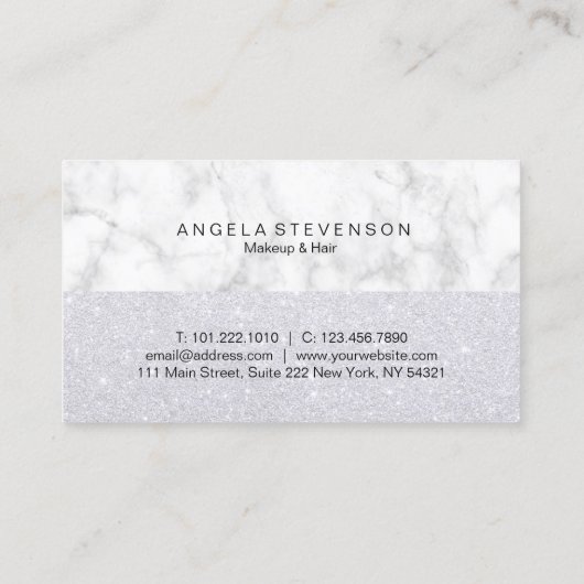 Elegant zilver glitter witte marmer make-up & haar visitekaartje (Achterkant)