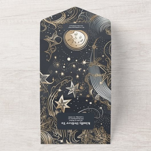 Elegant Zilver Goud Hemels Huwelijk All In One Uitnodiging (Buitenkant)