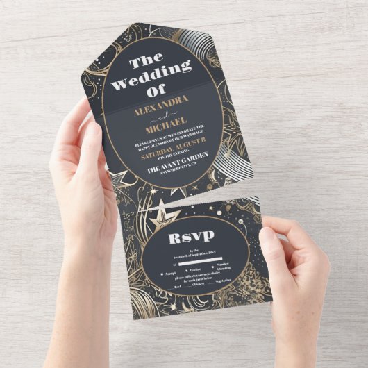 Elegant Zilver Goud Hemels Huwelijk All In One Uitnodiging (Afscheurbaar)