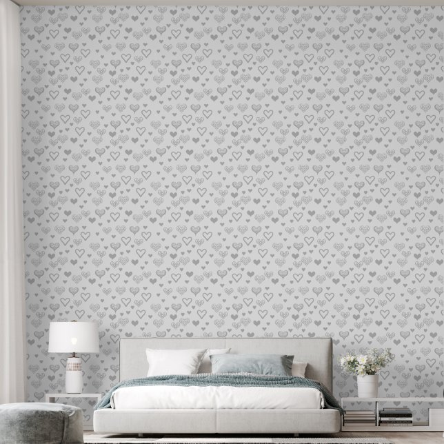 Elegant Zilver Grijs Decoratief Hartpatroon Behang (Slaapkamer)