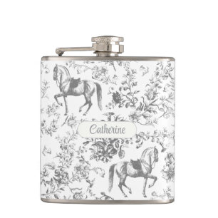 Elegant Zilver Grijs Equestrian Floral Toile Naam Heupfles