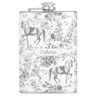 Elegant Zilver Grijs Equestrian Floral Toile Naam Heupfles