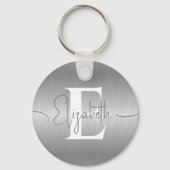 Elegant Zilver Grijs Geborsteld Metallic Monogramm Sleutelhanger (Voorkant)