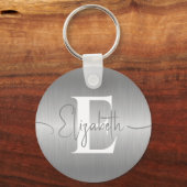 Elegant Zilver Grijs Geborsteld Metallic Monogramm Sleutelhanger (Voorkant)