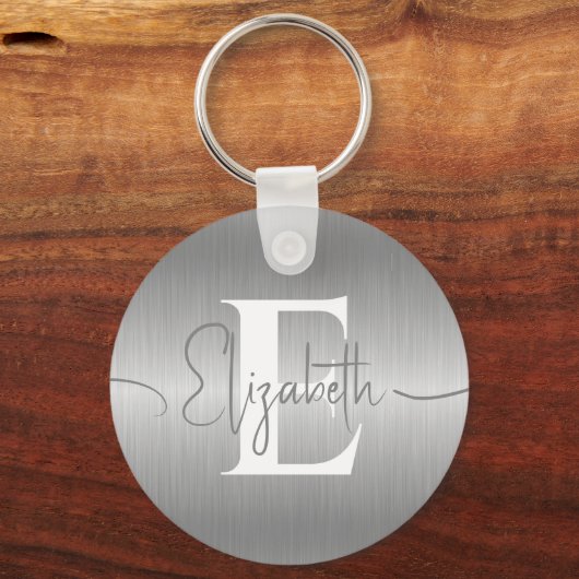 Elegant Zilver Grijs Geborsteld Metallic Monogramm Sleutelhanger (Voorkant)