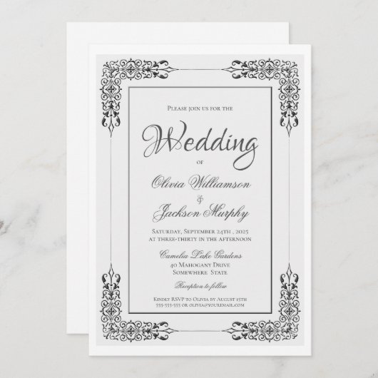 Elegant  Zilver Grijze en Witte Lace Wedding Kaart (Voorkant / Achterkant)