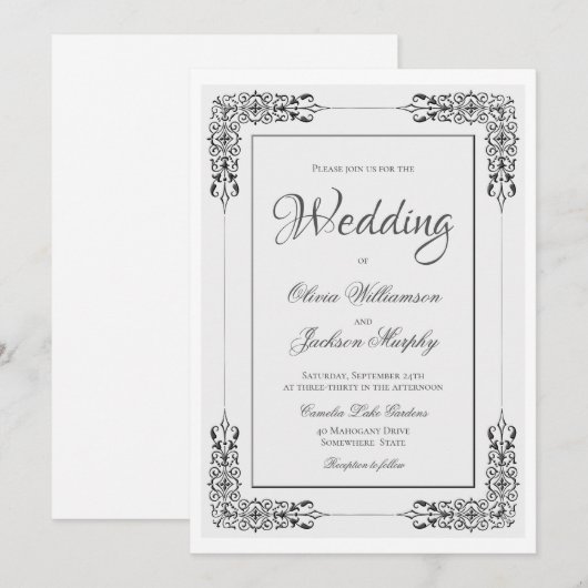 Elegant  Zilver Grijze en Witte Lace Wedding Kaart (Voorkant / Achterkant)