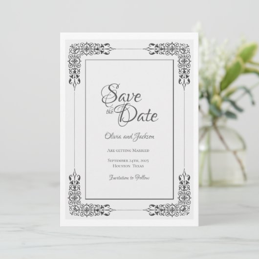 Elegant Zilver Grijze Lace Border Wedding Save The Date (Staand voorkant)