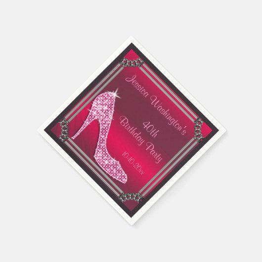 Elegant Zilver Ingelijste Roze Stiletto 40ste Verj Servetten (Hoek)