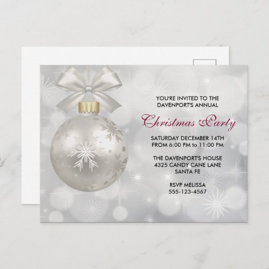 Elegant Zilver Kerstbal Feest Uitnodigen Briefkaart (Voorkant / Achterkant)