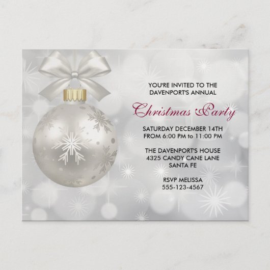 Elegant Zilver Kerstbal Feest Uitnodigen Briefkaart (Voorkant)